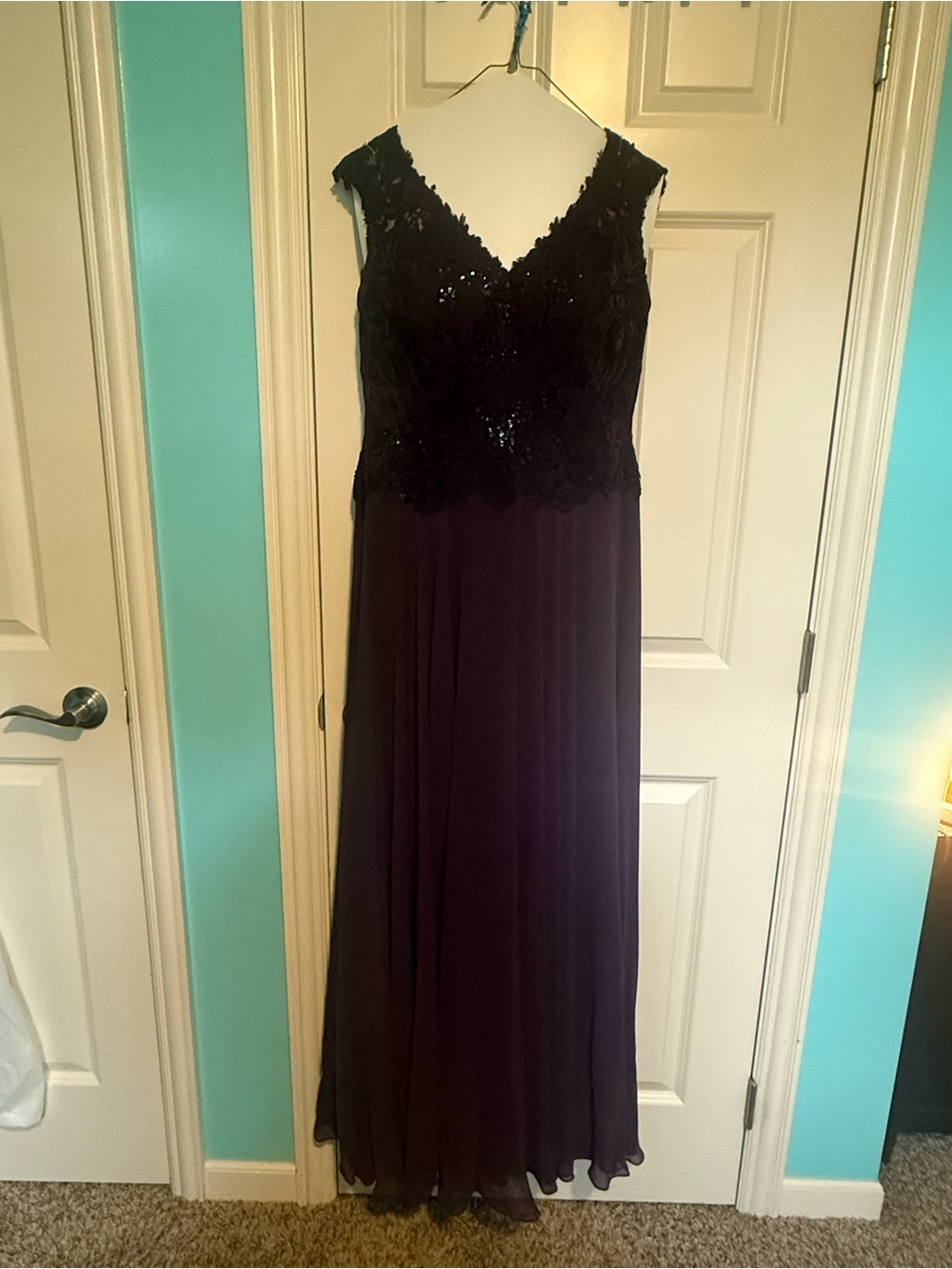 David's Bridal Dark Plum Lace Bodice Chiffon Evening Dress
